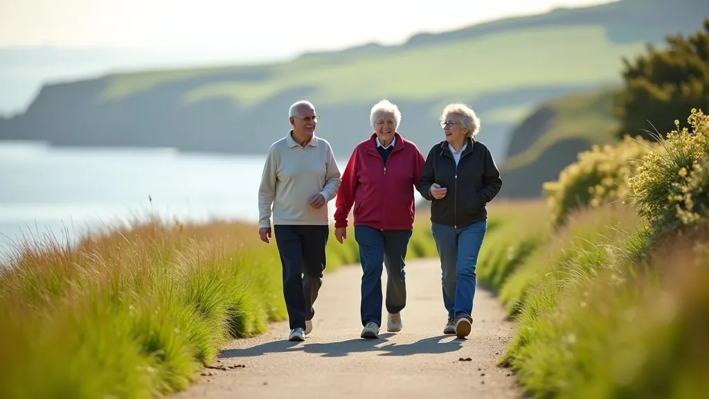 Group of seniors enjoying outdoor walking on coastal path