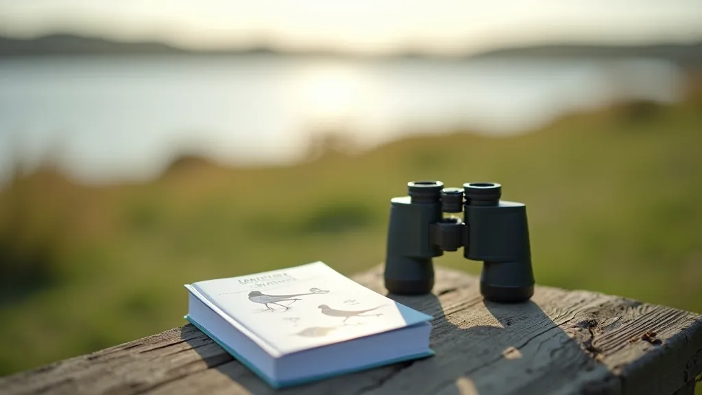 Binoculars and bird identification field guide on wooden bench overlooking estuary water, natural lighting, outdoor setting