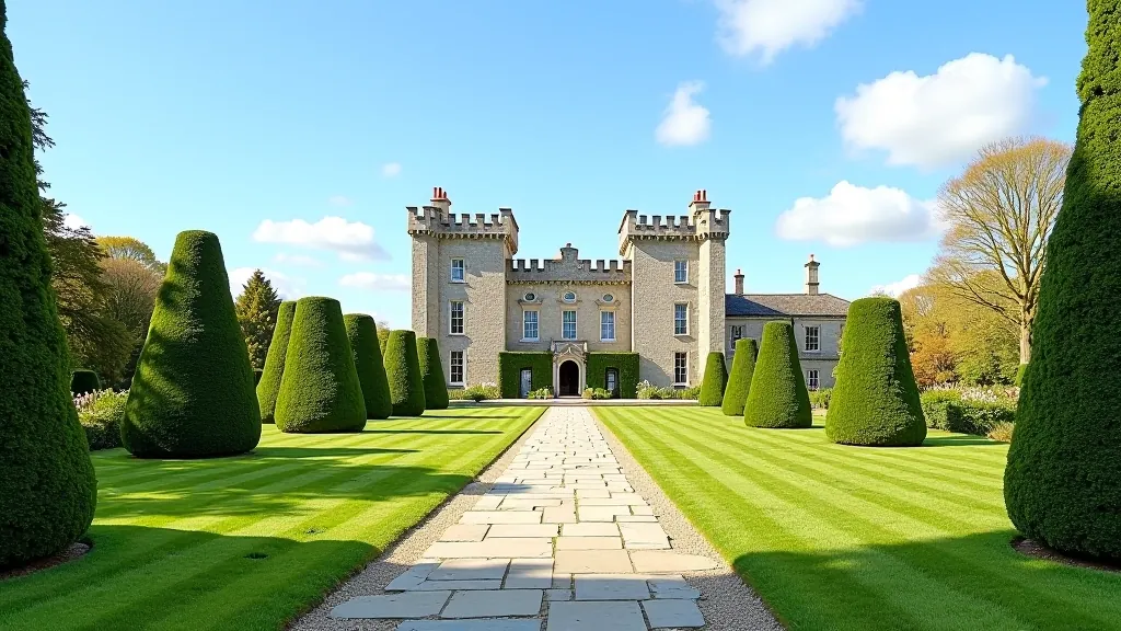 Historic castle building surrounded by manicured grounds and gardens