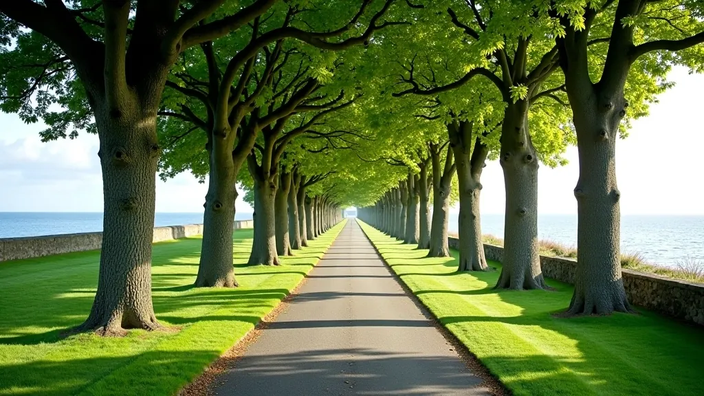 Tree-lined coastal path with ocean view in background, mature trees creating natural canopy, calm day
