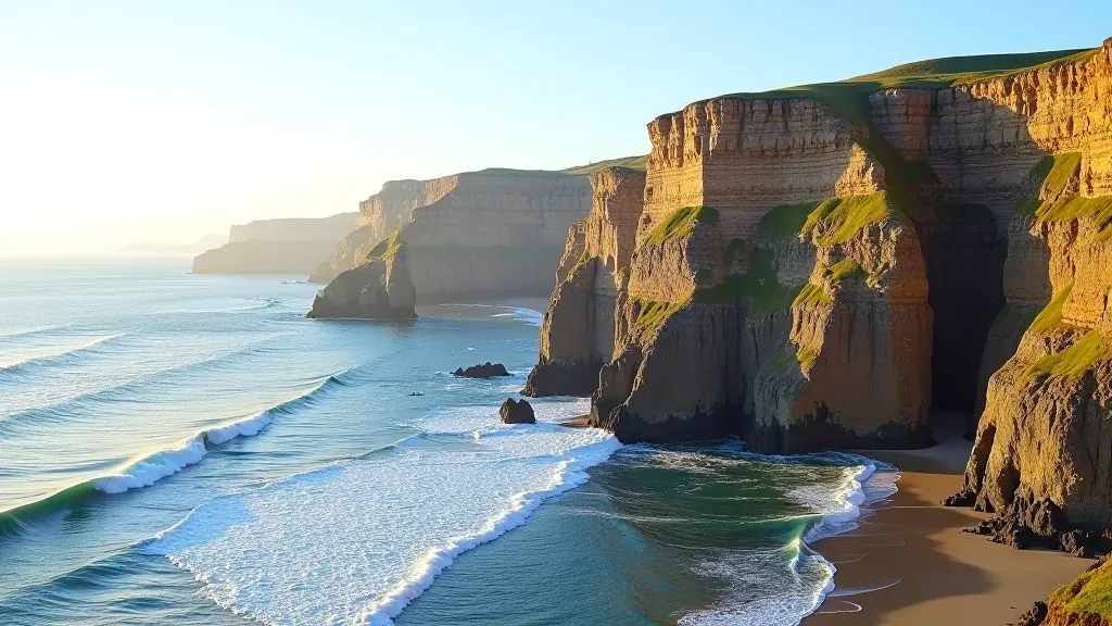 Dramatic coastal cliffs with ocean waves below, rocky outcropping, clear sky, golden afternoon light