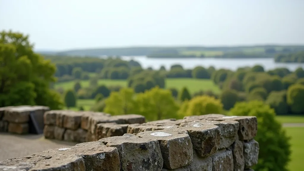 Elevated viewpoint overlooking castle grounds and surrounding countryside, stone wall, clear visibility of landscape features, blue sky