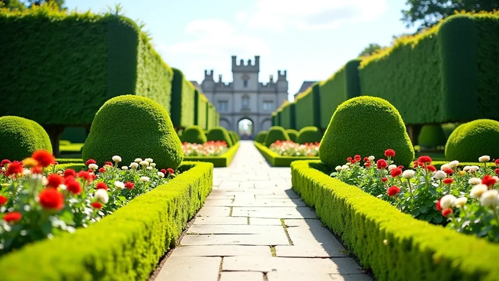 Formal garden beds with manicured hedges, colorful flowering plants arranged in geometric patterns, stone pathways between sections