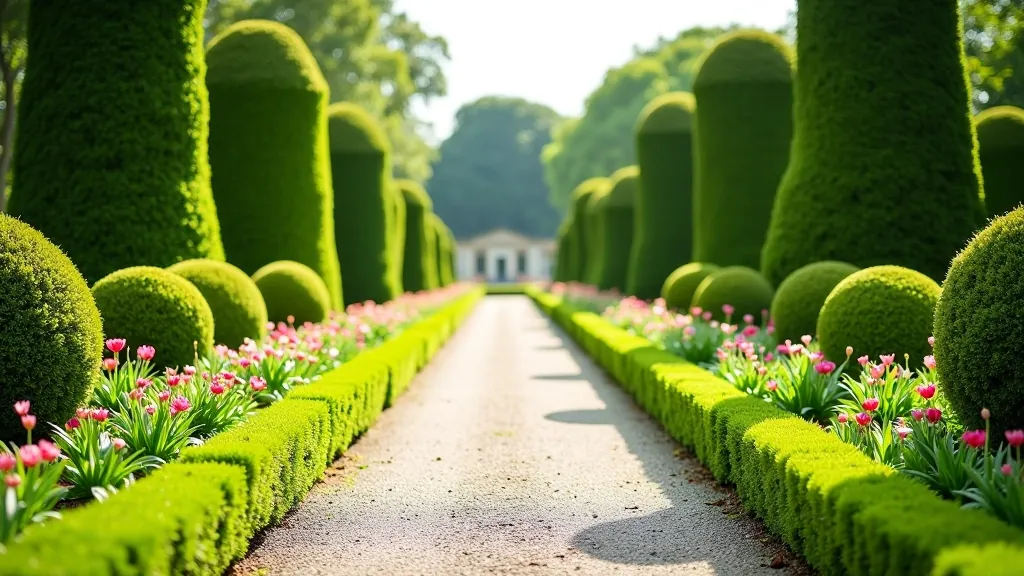 Formal castle gardens with colorful flowerbeds, gravel pathways, and green hedges in bright sunlight