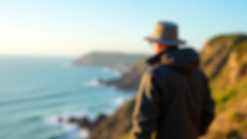 Hiker standing on coastal cliff edge looking out at ocean, wearing appropriate outdoor clothing, clear weather, safe distance from edge