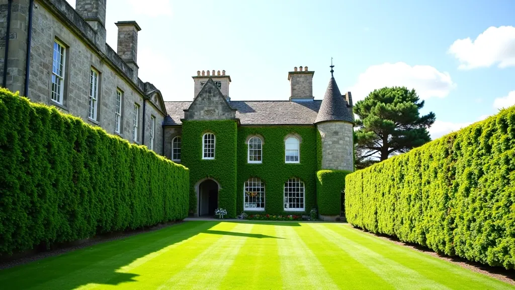 Historic castle structure with stone walls, ivy-covered sections, manicured lawns in foreground, clear day