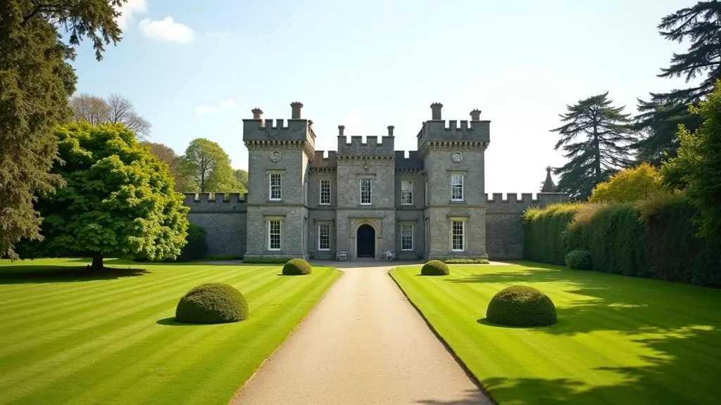 Scenic view of Malahide Castle grounds with historic stone architecture