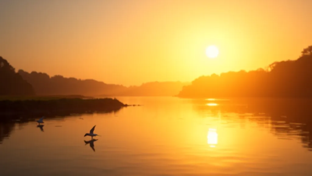 Sunset or golden hour light over estuary water with silhouettes of birds in flight, peaceful atmosphere, calm water