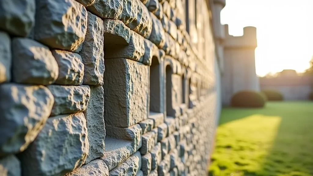 Close-up of medieval stone castle wall with arrow slits and crenellations, detailed masonry work, afternoon sunlight casting shadows
