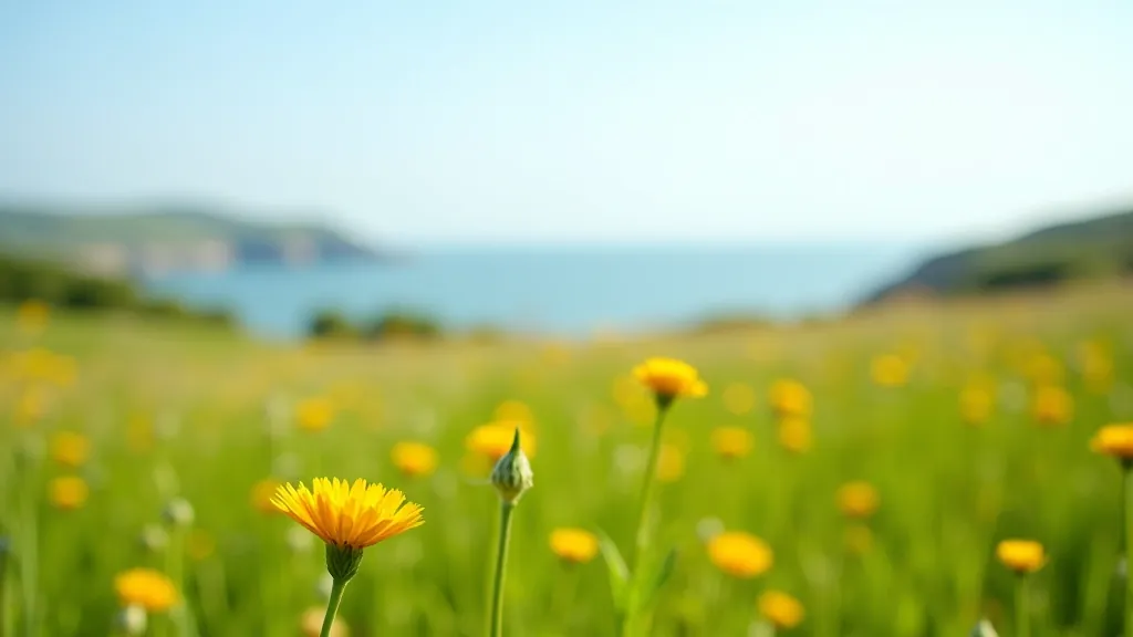 Open meadow with estuary and water views in the distance, scattered wildflowers, green grass, bright sunny weather