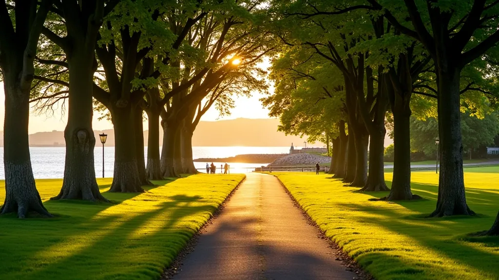Scenic waterfront pathway at Malahide Castle grounds with mature trees and walking trails, golden afternoon light, peaceful natural setting