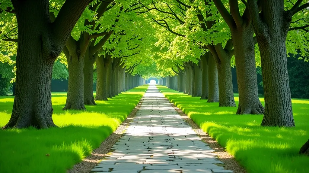 Stone pathway winding through green castle grounds with mature trees on both sides, bright daylight