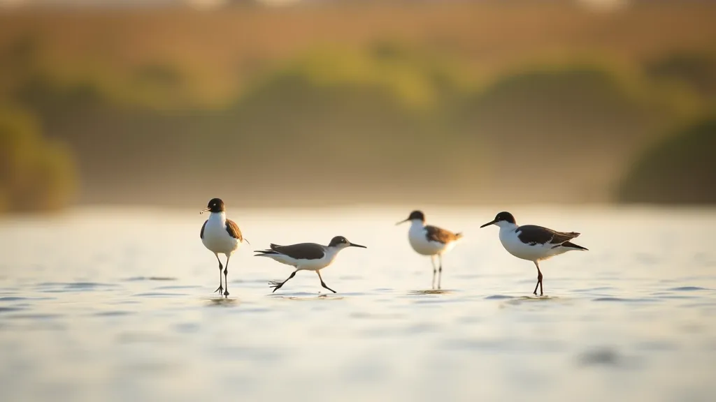 Wetland birds in estuary habitat during morning light