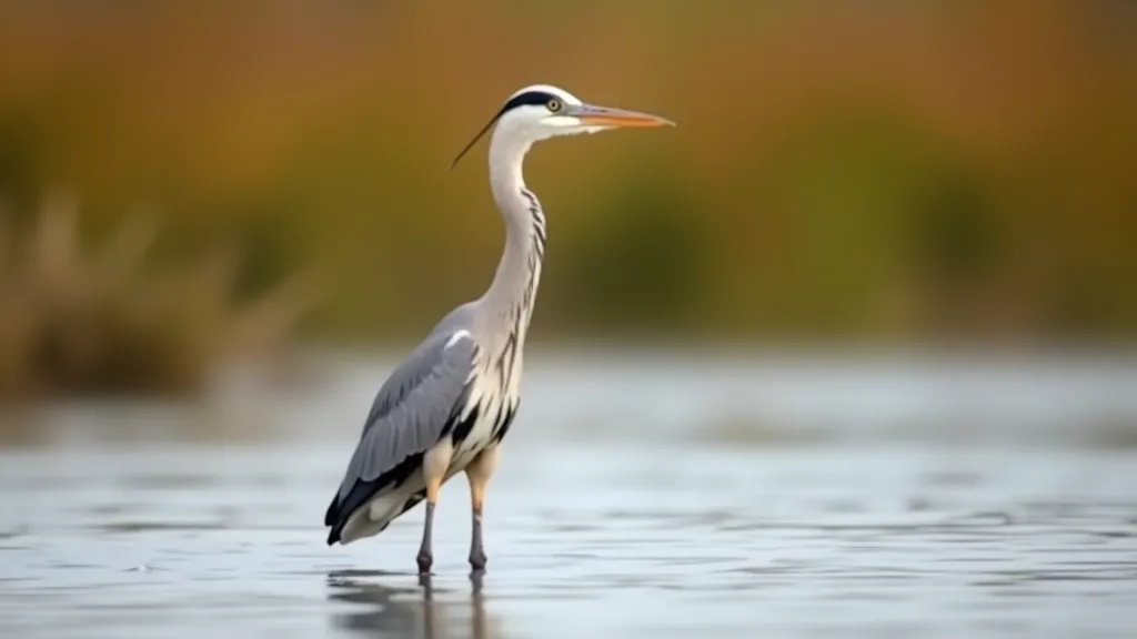 Grey heron standing in shallow estuary water, completely still, hunting position, natural lighting, wildlife photography