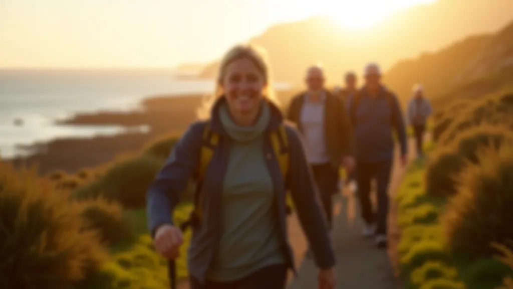 Aoife O'Sullivan leading a group of mature adults on a scenic walking trail through Dublin's coastal parkland, clear weather, natural lighting, path visible ahead