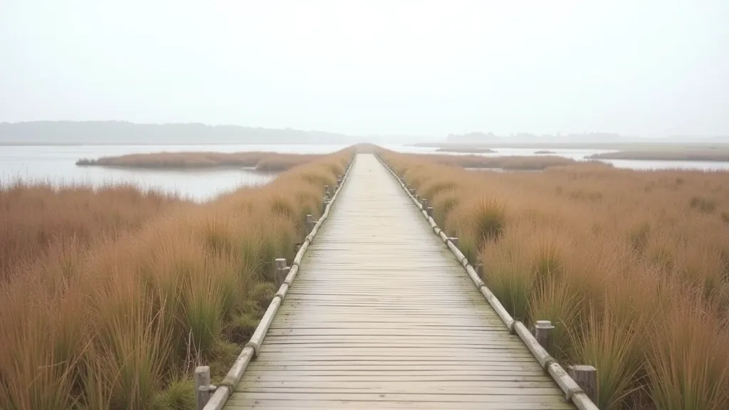 Wooden boardwalk extending over salt marsh wetland with water visible, reeds, and birds in distance