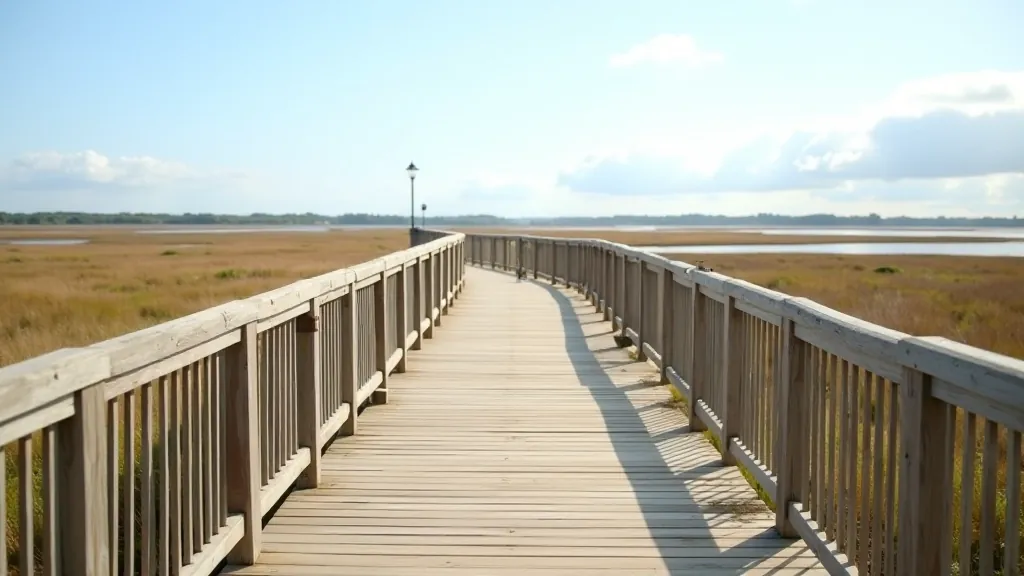 Wooden boardwalk with multiple viewing platforms overlooking salt marsh, benches for resting, clear daytime weather, accessible path