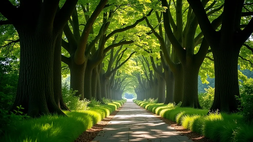 Shaded woodland path lined with ancient oak trees, dappled sunlight filtering through dense canopy, stone pathway, peaceful forest atmosphere