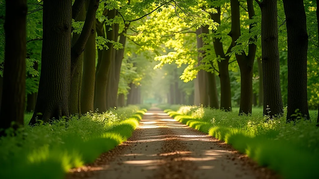 Woodland trail with tall trees creating natural archway overhead, dappled sunlight filtering through leaves, peaceful forest setting